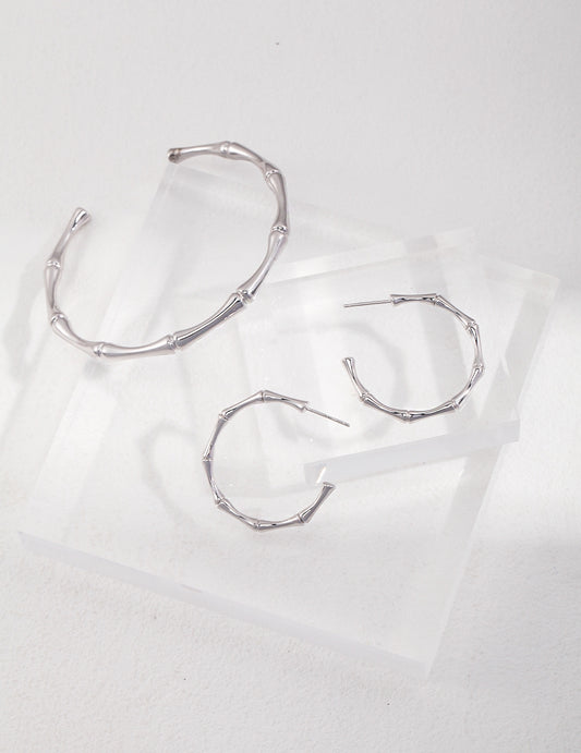 Minimalist Bamboo Hoop Earrings | Gold & Platinum Tone S925 Sterling Silver