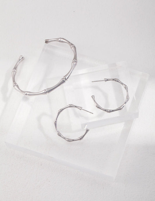 Minimalist Bamboo Hoop Earrings | Gold & Platinum Tone S925 Sterling Silver | Vintage Baroque Pearl & Gold Plated Sterling Silver Jewelry | sweetsaga Jewelry Store