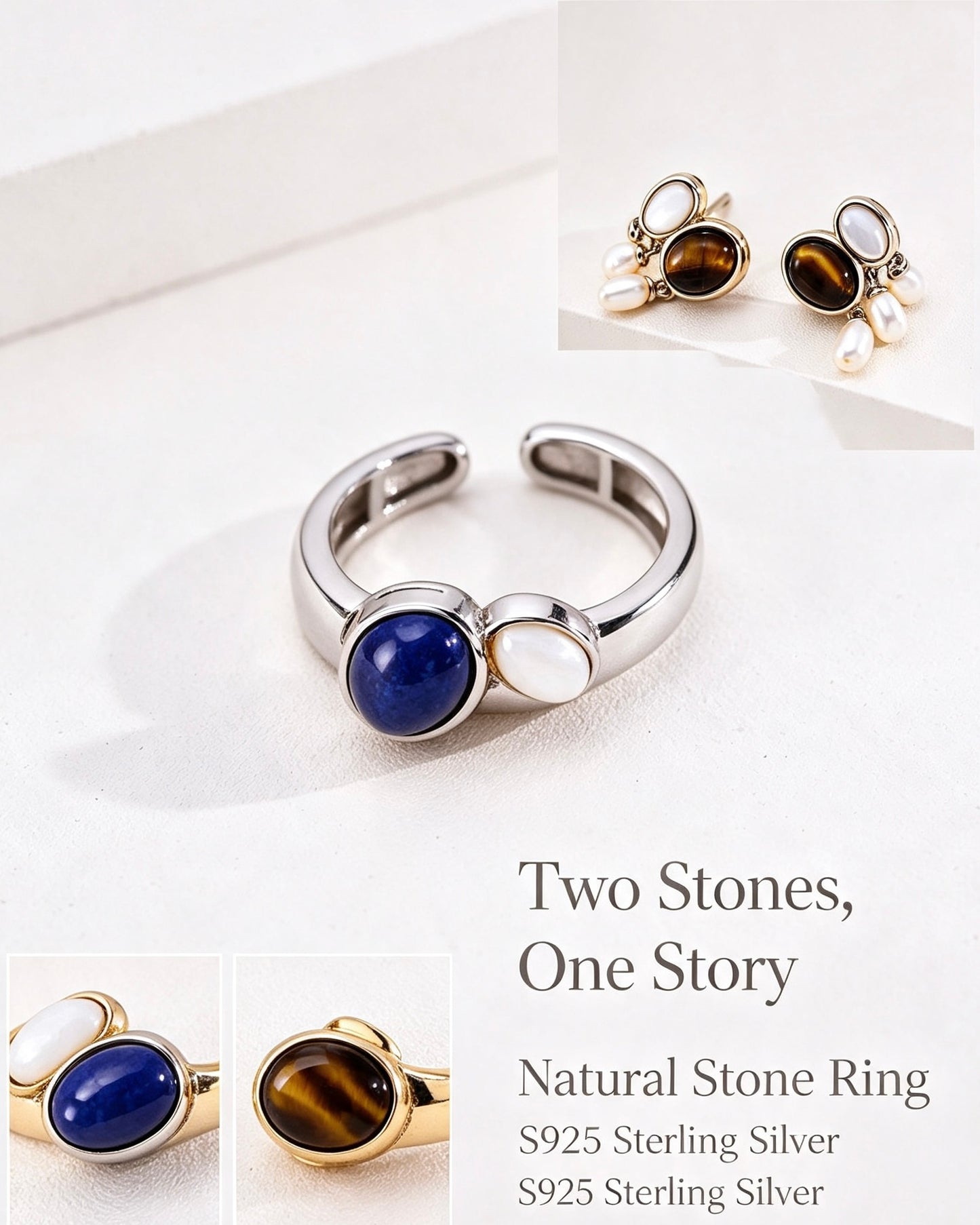 Three-Stone Lapis Tiger Eye Shell Ring | S925 Silver Adjustable Band