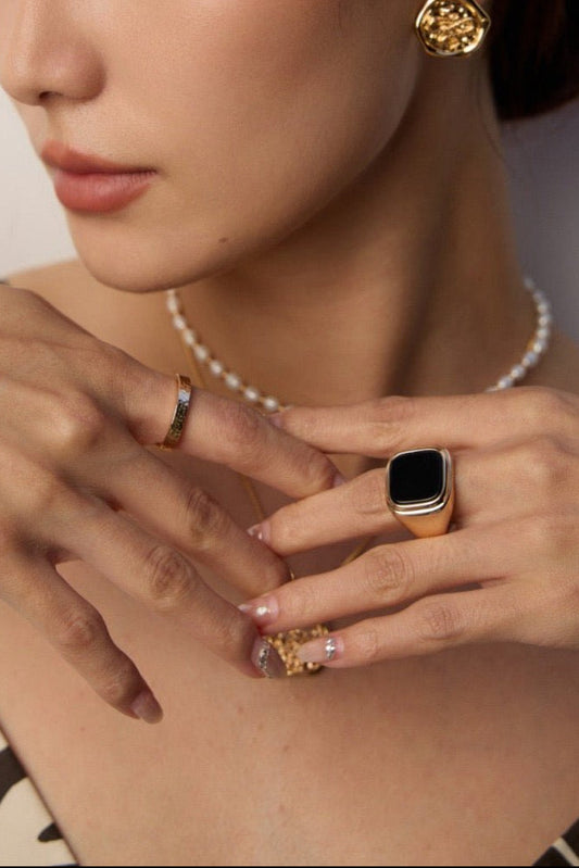 S925 Silver Black Onyx Signet Ring | Adjustable Vintage Gold & Platinum Tone Band | Minimalist Gemstone Jewelry | Vintage Baroque Pearl & Gold Plated Sterling Silver Jewelry | sweetsaga Jewelry Store