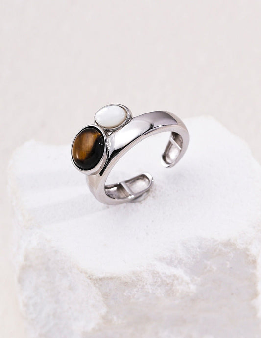 Three-Stone Lapis Tiger Eye Shell Ring | Vintage Baroque Pearl & Gold Plated Sterling Silver Jewelry | sweetsaga Jewelry Store