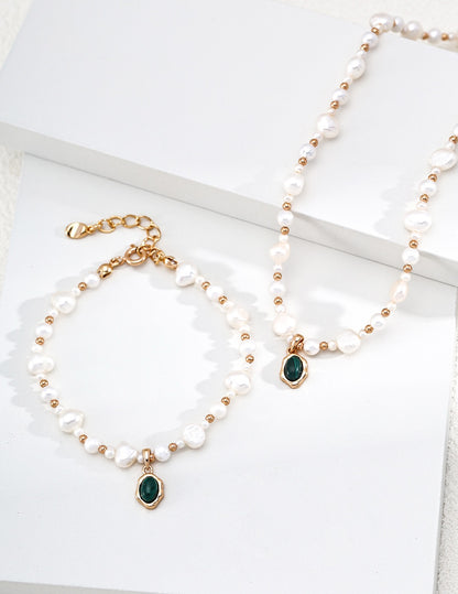 Natural Pearl & Malachite Necklace with Gold Flowing Pendant | 38+6cm Adjustable Vintage Jewelry for WomenD0501-6