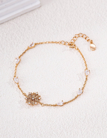 925 Sterling Silver Flower Charm Bracelet with Cubic Zirconia | Adjustable 16+3cm Vintage Gold Lily Bracelet | Meaningful Stackable Jewelry for Women | Vintage Baroque Pearl & Gold Plated Sterling Silver Jewelry | sweetsaga Jewelry Store