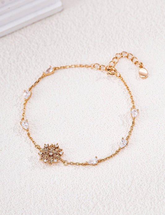 925 Sterling Silver Flower Charm Bracelet with Cubic Zirconia | Adjustable 16+3cm Vintage Gold Lily Bracelet | Meaningful Stackable Jewelry for Women | Vintage Baroque Pearl & Gold Plated Sterling Silver Jewelry | sweetsaga Jewelry Store
