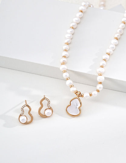 S925 Sterling Silver Natural Pearl Necklace — Oriental Lucky Gourd, Tiger Eye & Shell | D0749