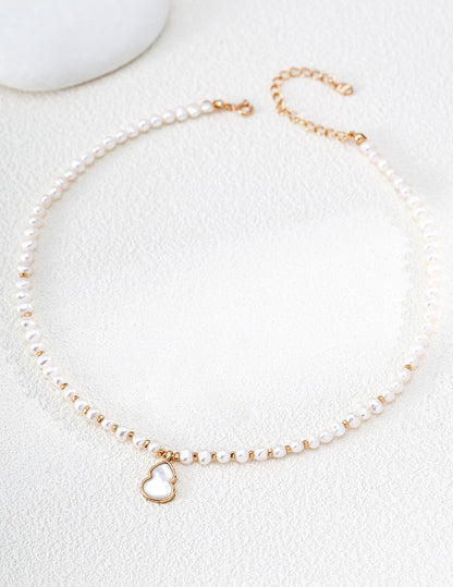 S925 Sterling Silver Natural Pearl Necklace — Oriental Lucky Gourd, Tiger Eye & Shell | D0749
