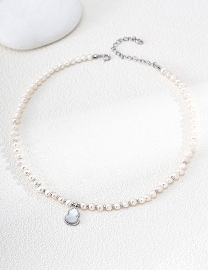 S925 Sterling Silver Natural Pearl Necklace — Oriental Lucky Gourd, Tiger Eye & Shell | D0749