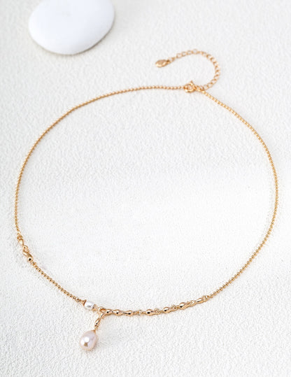 S925 Sterling Silver Natural Pearl & Zirconia Necklace — Vintage Gold & Platinum | D0769