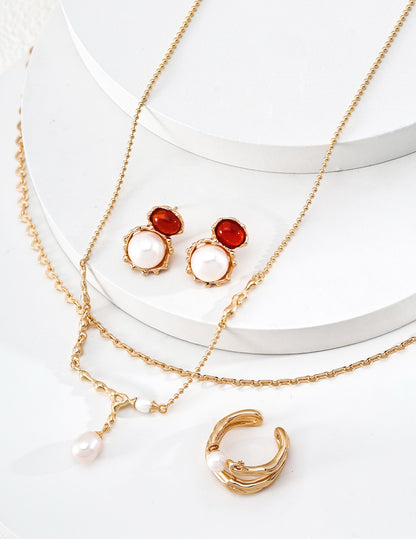 S925 Sterling Silver Lava Flow Pearl Necklace — Vintage Gold & Platinum | D0767