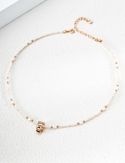 S925 Sterling Silver Natural Pearl & Zirconia Necklace — Vintage Gold & Platinum | D0769