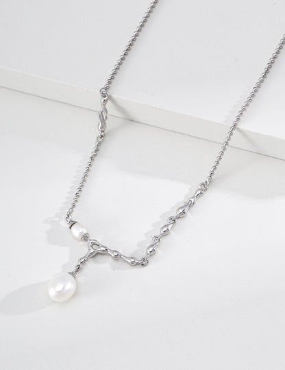 S925 Sterling Silver Lava Flow Pearl Necklace — Vintage Gold & Platinum | D0767