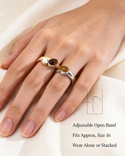 Three-Stone Lapis Tiger Eye Shell Ring | S925 Silver Adjustable Band
