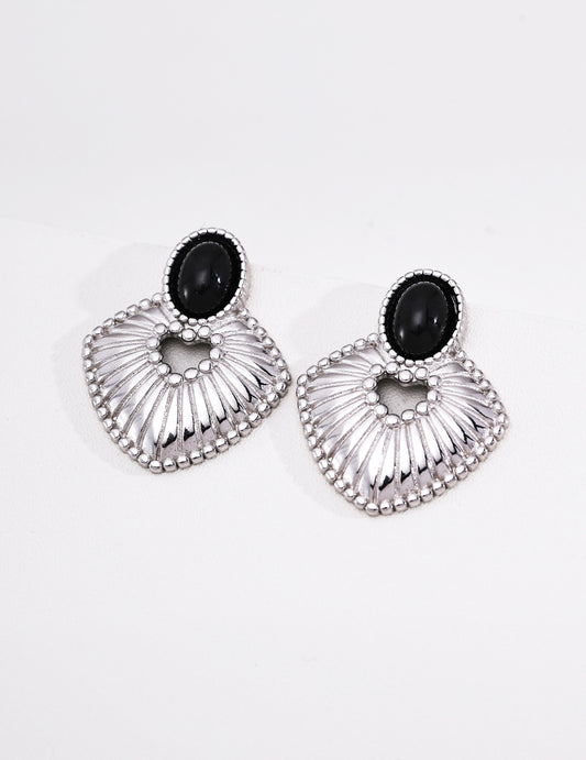 S925 Silver Tiger Eye & Black Onyx Earrings | Vintage French Style Drop Jewelry