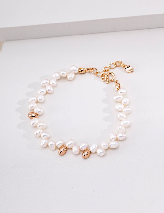 Classic Natural Pearl Bracelet with 925 Silver | 16cm+3cm Adjustable Charm Chain | Elegant Gift for Her | Vintage Baroque Pearl & Gold Plated Sterling Silver Jewelry | sweetsaga Jewelry Store