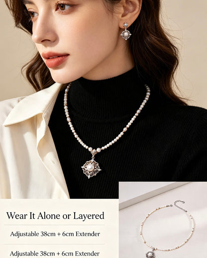 Victorian Rococo Pearl Crown Necklace | S925 Silver Hollow Carved Pendant ：D0645