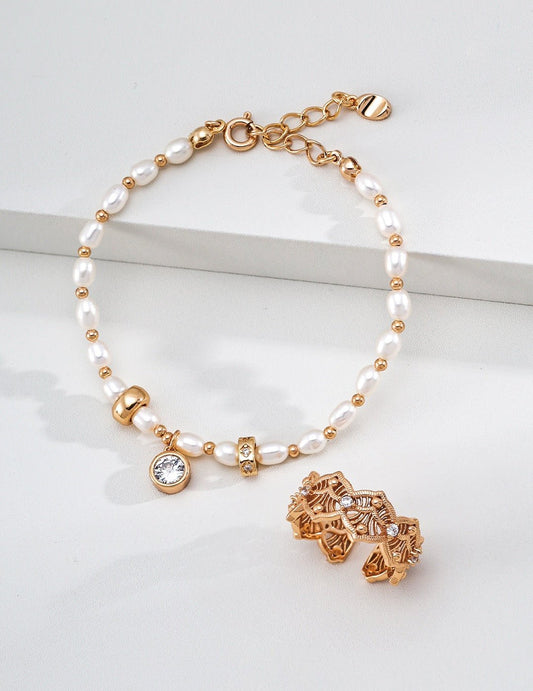 Elegant Pearl & Cubic Zirconia Bracelet | 16+3cm Adjustable 925 Silver Chain | Perfect Gift for Her | Vintage Baroque Pearl & Gold Plated Sterling Silver Jewelry | sweetsaga Jewelry Store