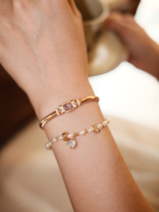 Elegant Pearl & Cubic Zirconia Bracelet | 16+3cm Adjustable 925 Silver Chain | Perfect Gift for Her | Vintage Baroque Pearl & Gold Plated Sterling Silver Jewelry | sweetsaga Jewelry Store