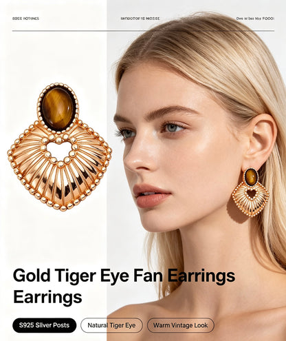 S925 Silver Tiger Eye & Black Onyx Earrings | Vintage French Style Drop Jewelry