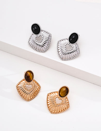 S925 Silver Tiger Eye & Black Onyx Earrings | Vintage French Style Drop Jewelry