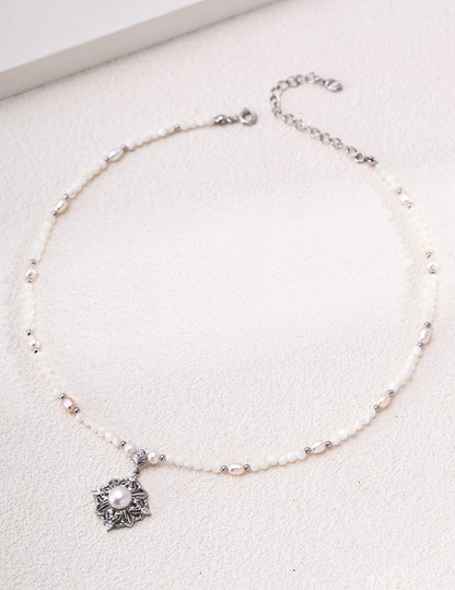 Victorian Rococo Pearl Crown Necklace | S925 Silver Hollow Carved Pendant ：D0645