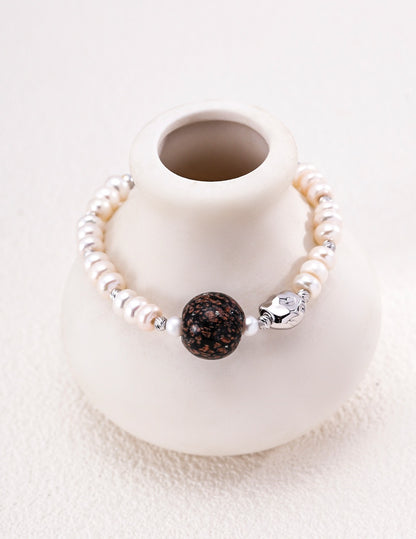 S925 Silver Natural Pearl & Artisan Glass Bracelet | Adjustable Handmade Nepal Glass Bead Bracelet | Unique Iridescent Vintage Charm for Women