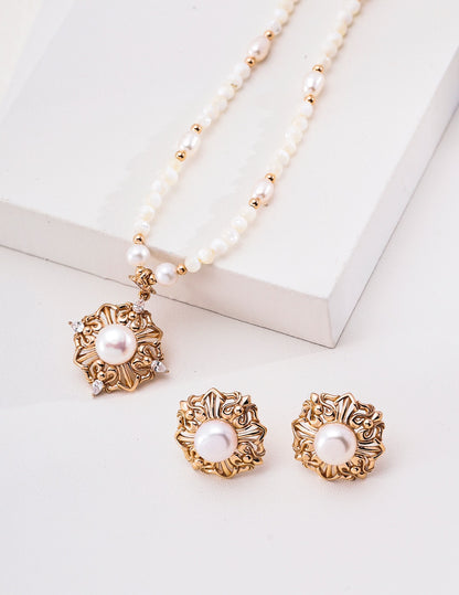 Victorian Rococo Pearl Crown Necklace | S925 Silver Hollow Carved Pendant ：D0645