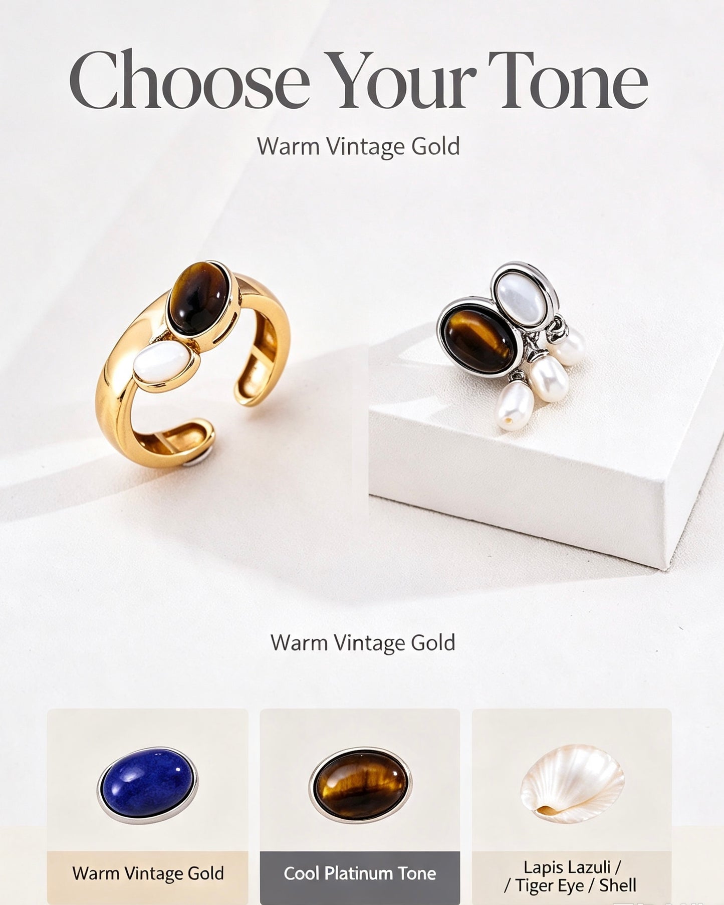 Three-Stone Lapis Tiger Eye Shell Ring | S925 Silver Adjustable Band