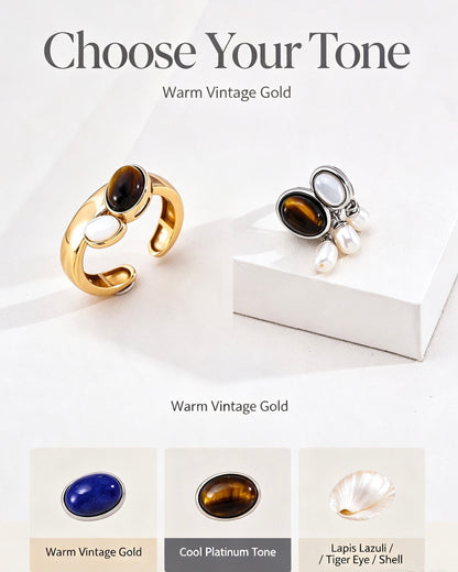 Three-Stone Lapis Tiger Eye Shell Ring | S925 Silver Adjustable Band