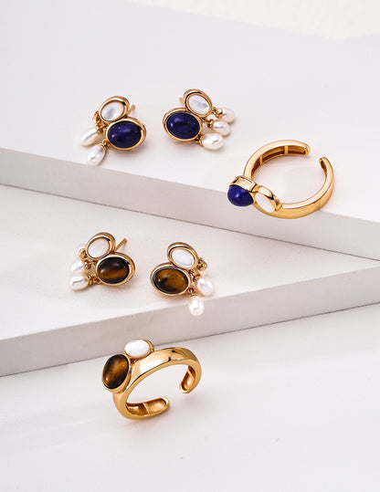 Three-Stone Lapis Tiger Eye Shell Ring | S925 Silver Adjustable Band