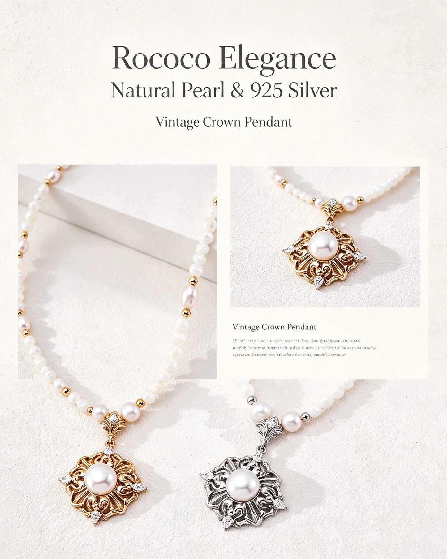 Victorian Rococo Pearl Crown Necklace | S925 Silver Hollow Carved Pendant ：D0645