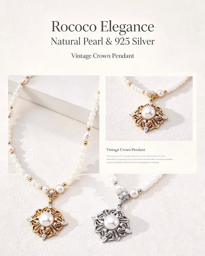 Victorian Rococo Pearl Crown Necklace | S925 Silver Hollow Carved Pendant ：D0645