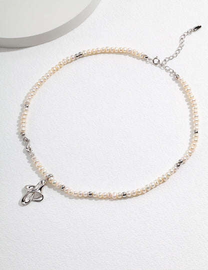 Modern S925 Silver Chinese Knot Pearl Necklace | Geometric Interlocking Pendant 货号：YD0047 | Vintage Baroque Pearl & Gold Plated Sterling Silver Jewelry | sweetsaga Jewelry Store