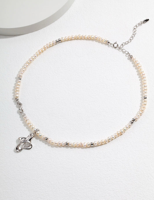 Modern S925 Silver Chinese Knot Pearl Necklace | Geometric Interlocking Pendant 货号：YD0047 | Vintage Baroque Pearl & Gold Plated Sterling Silver Jewelry | sweetsaga Jewelry Store