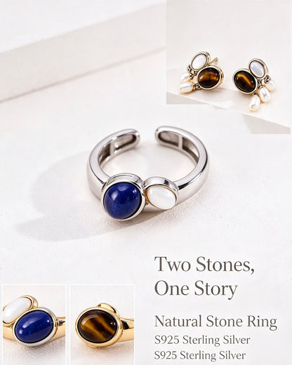 Three-Stone Lapis Tiger Eye Shell Ring | S925 Silver Adjustable Band
