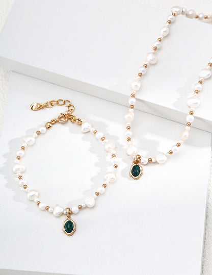 Natural Pearl & Malachite Necklace with Gold Flowing Pendant | 38+6cm Adjustable Vintage Jewelry for Women | Vintage Baroque Pearl & Gold Plated Sterling Silver Jewelry | sweetsaga Jewelry Store