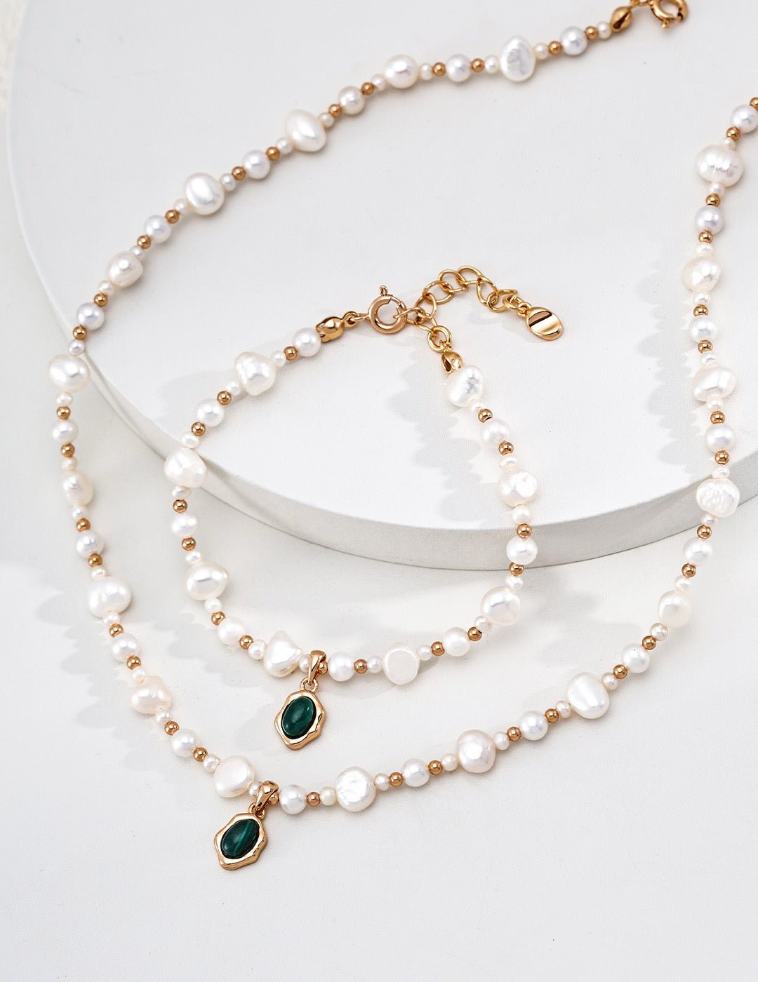 Natural Pearl & Malachite Necklace with Gold Flowing Pendant | 38+6cm Adjustable Vintage Jewelry for Women| Vintage Baroque Pearl & Gold Plated Sterling Silver Jewelry | sweetsaga Jewelry Store