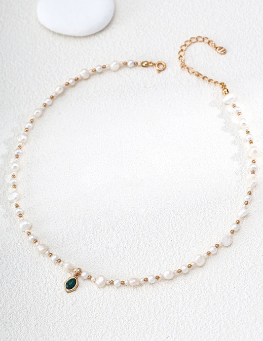Natural Pearl & Malachite Necklace with Gold Flowing Pendant | 38+6cm Adjustable Vintage Jewelry for WomenD0501-6 | Vintage Baroque Pearl & Gold Plated Sterling Silver Jewelry | sweetsaga Jewelry Store