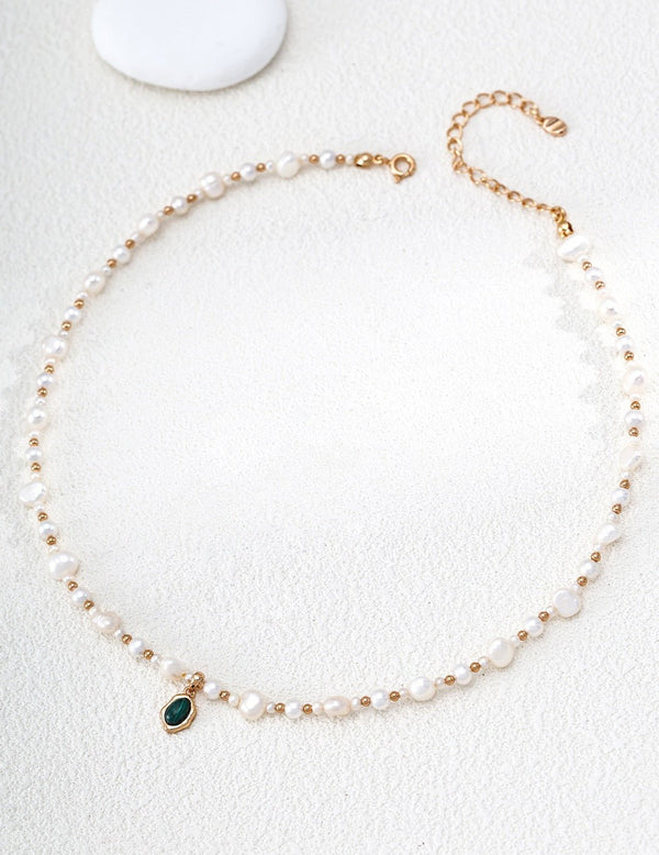 Natural Pearl & Malachite Necklace with Gold Flowing Pendant | 38+6cm Adjustable Vintage Jewelry for WomenD0501-6 | Vintage Baroque Pearl & Gold Plated Sterling Silver Jewelry | sweetsaga Jewelry Store