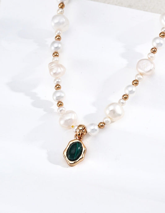 Natural Pearl & Malachite Necklace with Gold Flowing Pendant | 38+6cm Adjustable Vintage Jewelry for WomenD0501-6 | Vintage Baroque Pearl & Gold Plated Sterling Silver Jewelry | sweetsaga Jewelry Store