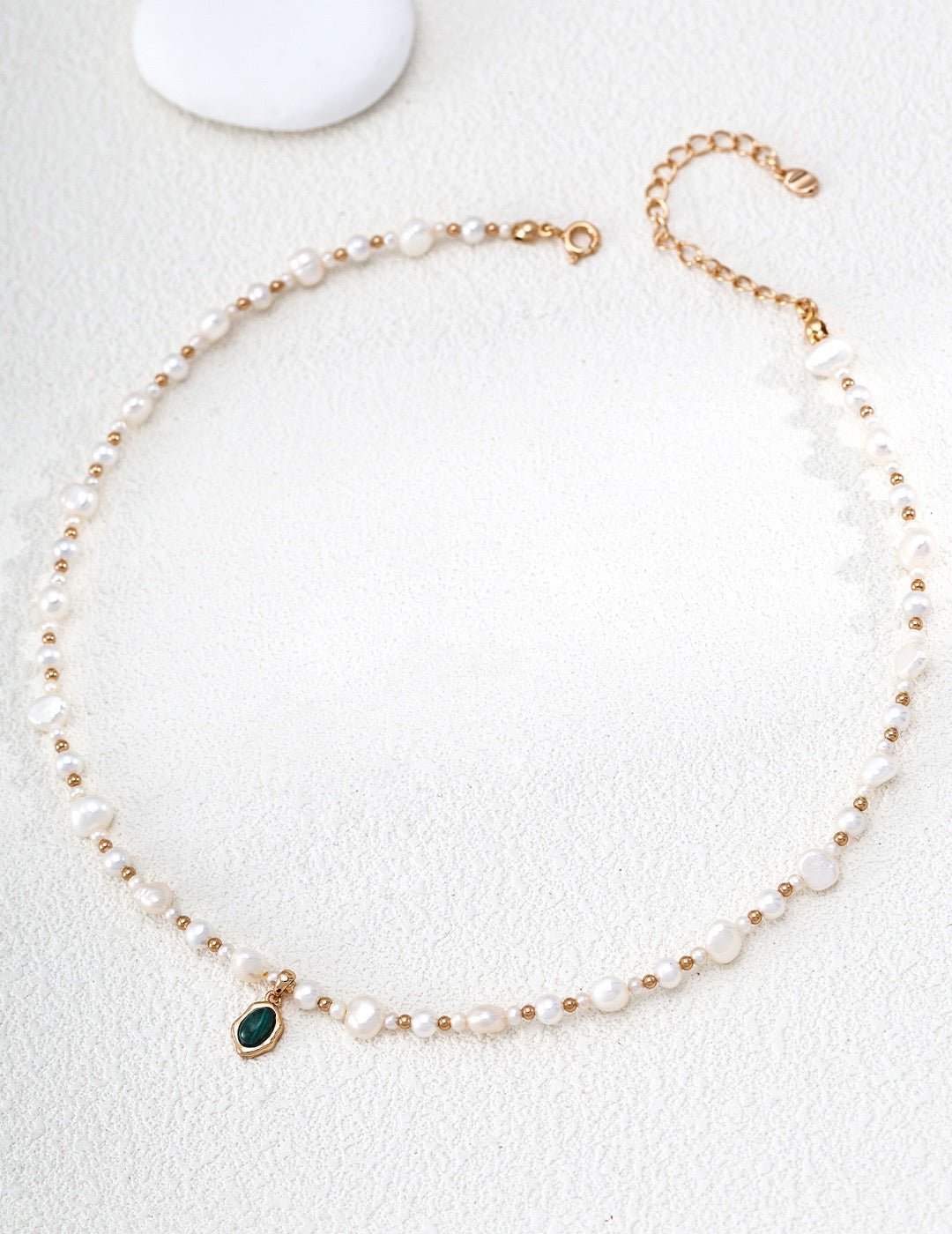 Natural Pearl & Malachite Necklace with Gold Flowing Pendant | 38+6cm Adjustable Vintage Jewelry for Women| Vintage Baroque Pearl & Gold Plated Sterling Silver Jewelry | sweetsaga Jewelry Store