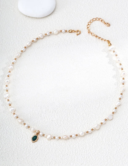 Natural Pearl & Malachite Necklace with Gold Flowing Pendant | 38+6cm Adjustable Vintage Jewelry for Women| Vintage Baroque Pearl & Gold Plated Sterling Silver Jewelry | sweetsaga Jewelry Store