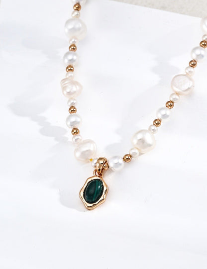 Natural Pearl & Malachite Necklace with Gold Flowing Pendant | 38+6cm Adjustable Vintage Jewelry for Women| Vintage Baroque Pearl & Gold Plated Sterling Silver Jewelry | sweetsaga Jewelry Store