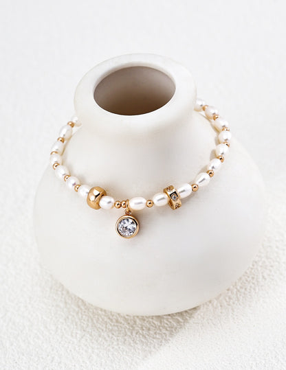 S925 Silver Pearl & Zircon Bracelet · Vintage Gold · Natural Freshwater Pearl