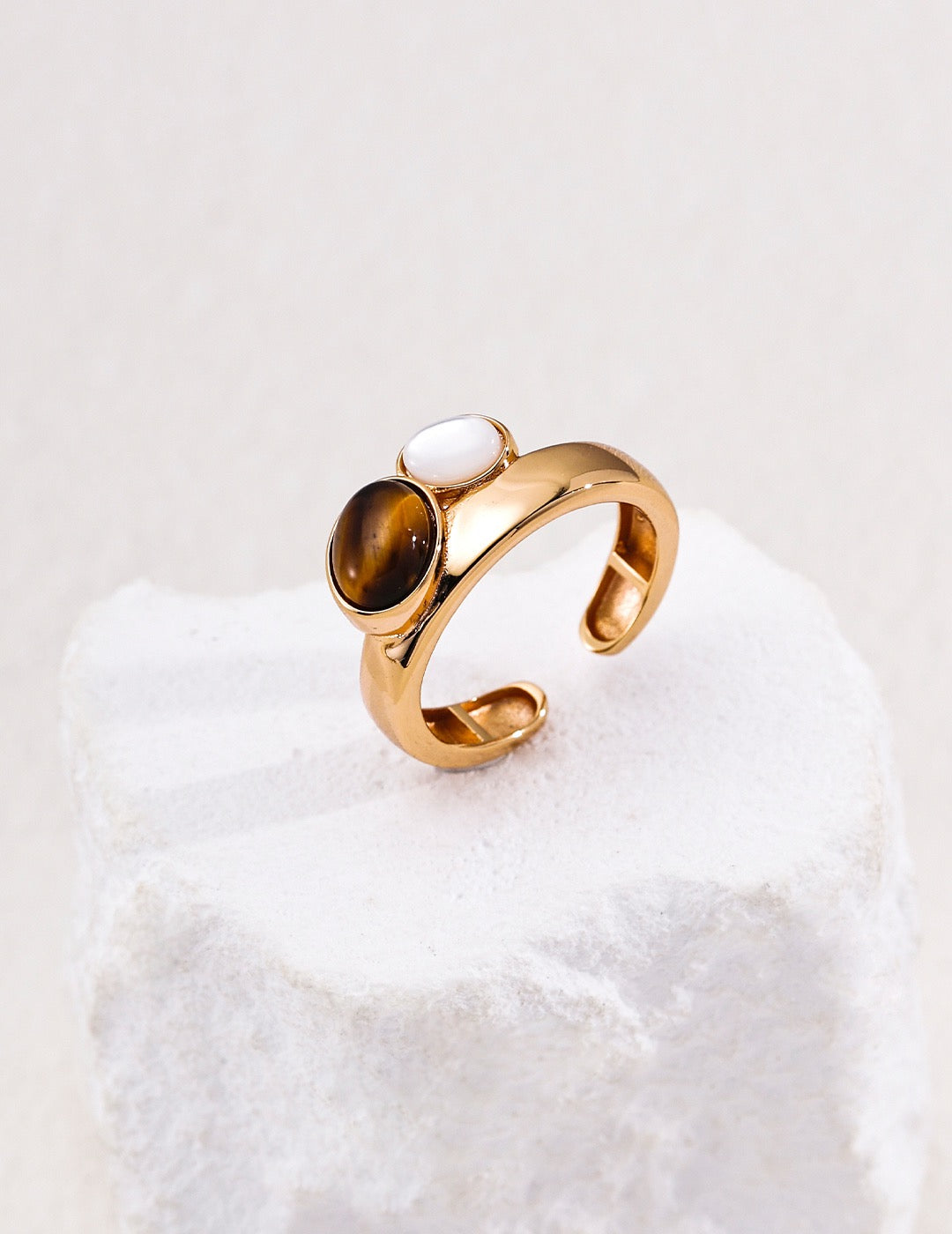 Three-Stone Lapis Tiger Eye Shell Ring | S925 Silver Adjustable Band