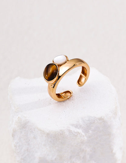 Three-Stone Lapis Tiger Eye Shell Ring | S925 Silver Adjustable Band