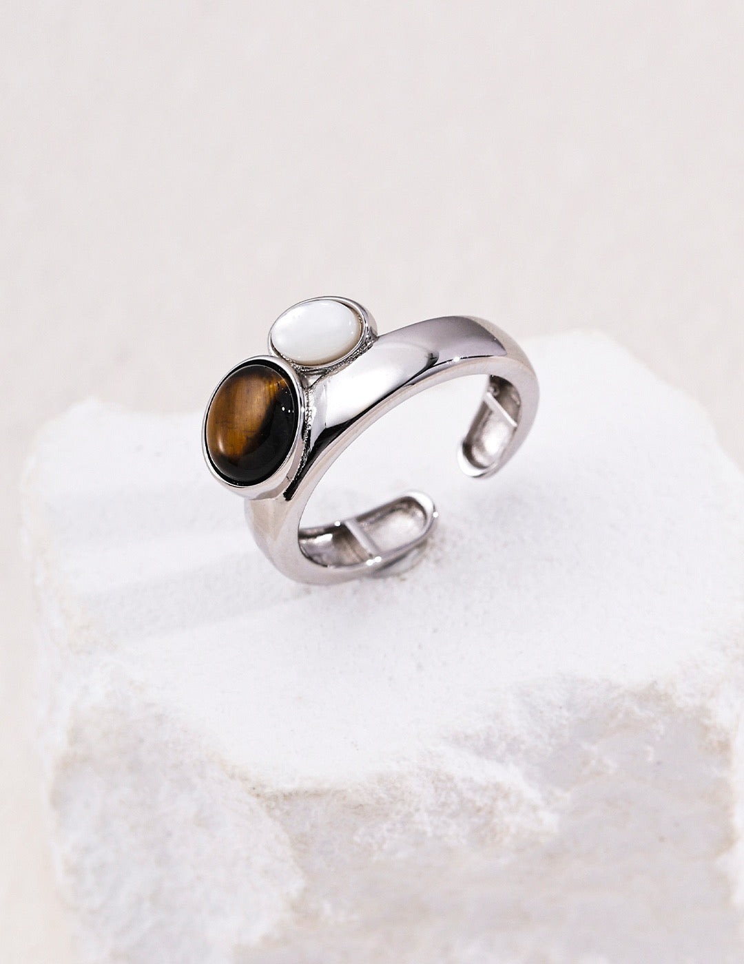 Three-Stone Lapis Tiger Eye Shell Ring | S925 Silver Adjustable Band