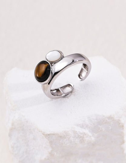 Three-Stone Lapis Tiger Eye Shell Ring | S925 Silver Adjustable Band