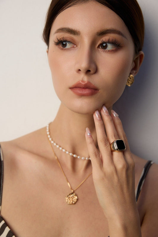 S925 Silver Black Onyx Signet Ring | Adjustable Vintage Gold & Platinum Tone Band | Minimalist Gemstone Jewelry | Vintage Baroque Pearl & Gold Plated Sterling Silver Jewelry | sweetsaga Jewelry Store