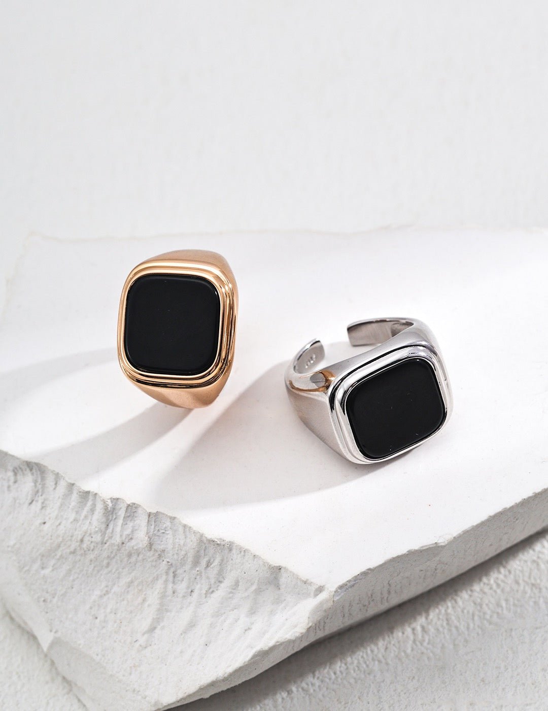 S925 Silver Black Onyx Signet Ring | Adjustable Vintage Gold & Platinum Tone Band | Minimalist Gemstone Jewelry | Vintage Baroque Pearl & Gold Plated Sterling Silver Jewelry | sweetsaga Jewelry Store