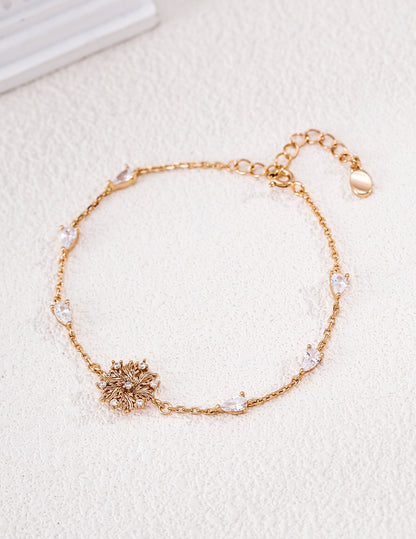 925 Sterling Silver Flower Charm Bracelet with Cubic Zirconia | Adjustable 16+3cm Vintage Gold Lily Bracelet | Meaningful Stackable Jewelry for Women